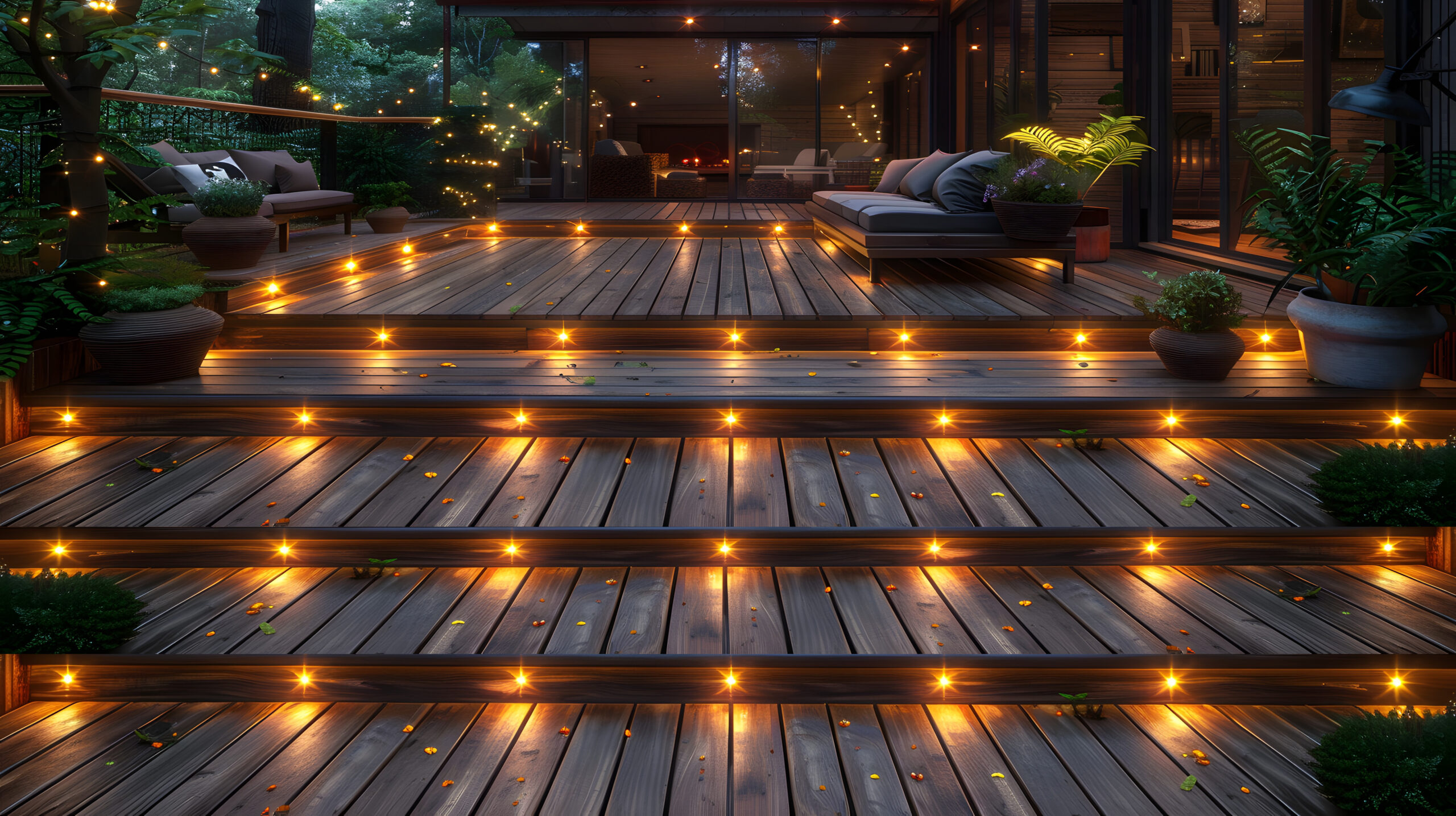 Wood deck evening lighting NJ